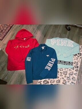 PINK Victoria's Secret Red Hoodie, Teal Crew, Turquoise Half-Zip Pullover Trio